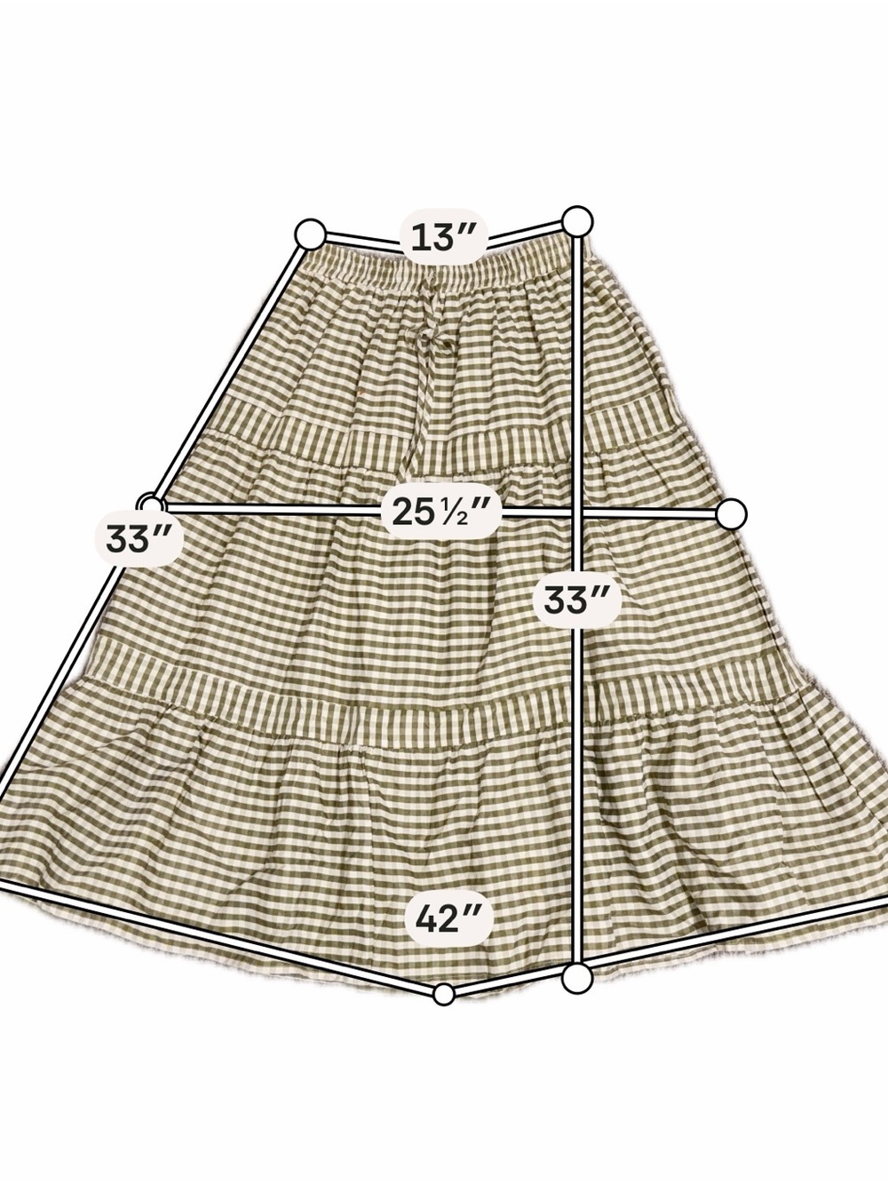 Olive Green Gingham Tiered Maxi Skirt Cottagecore Coastal Size M - Picture 4 of 4